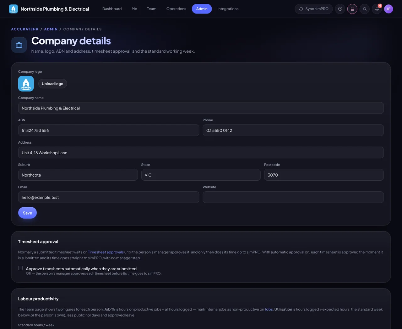 Company details: name, logo, address, and the timesheet approval switch