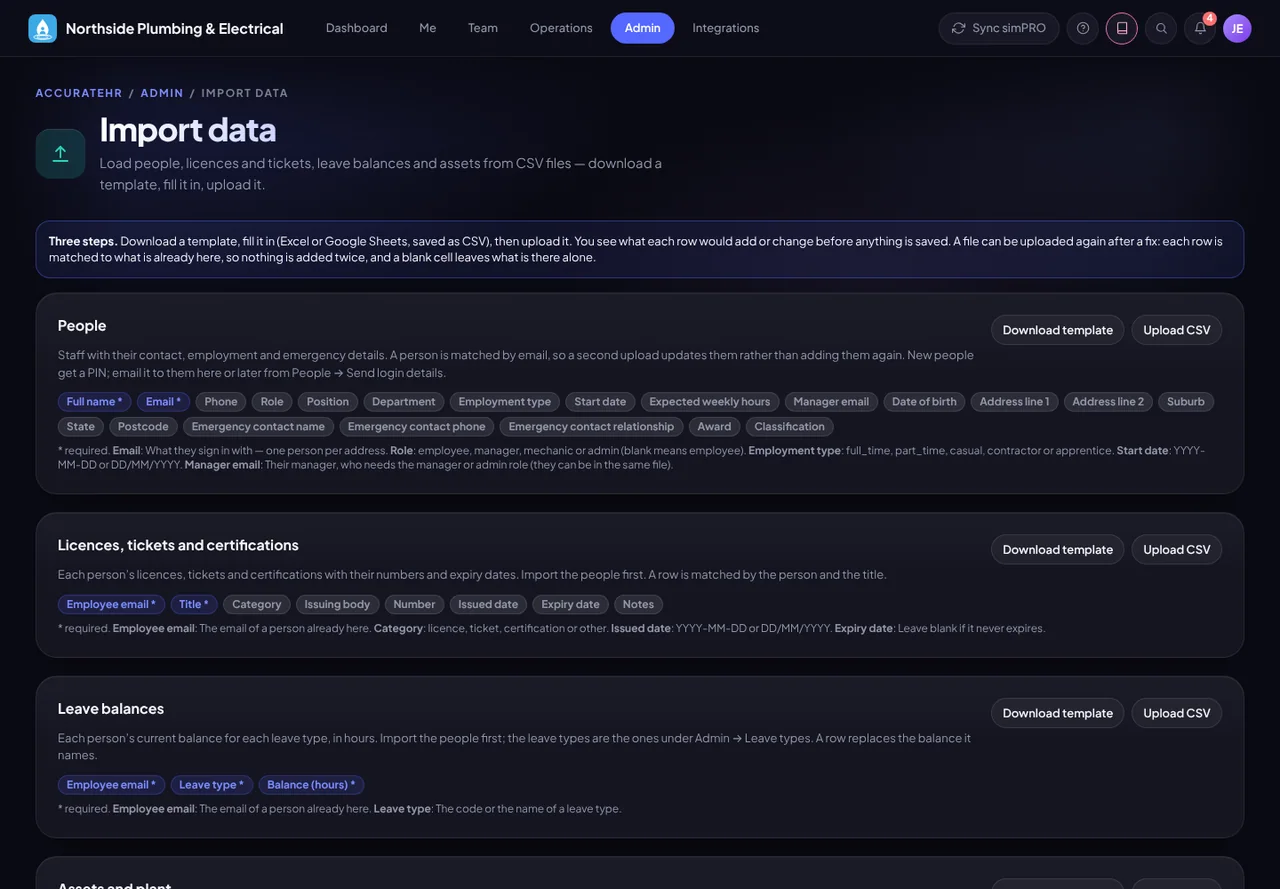 Import data: download a template for people, licences, leave balances or assets, fill it in and upload it