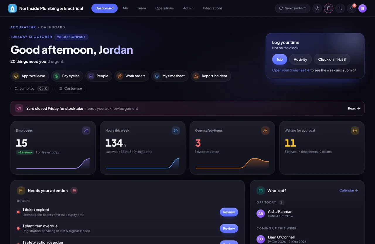 The owner’s dashboard: the whole company at a glance, with everything waiting on you