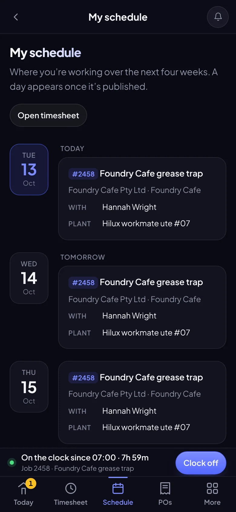 My schedule on a phone: the jobs, crew and plant for each day, with a Clock on button