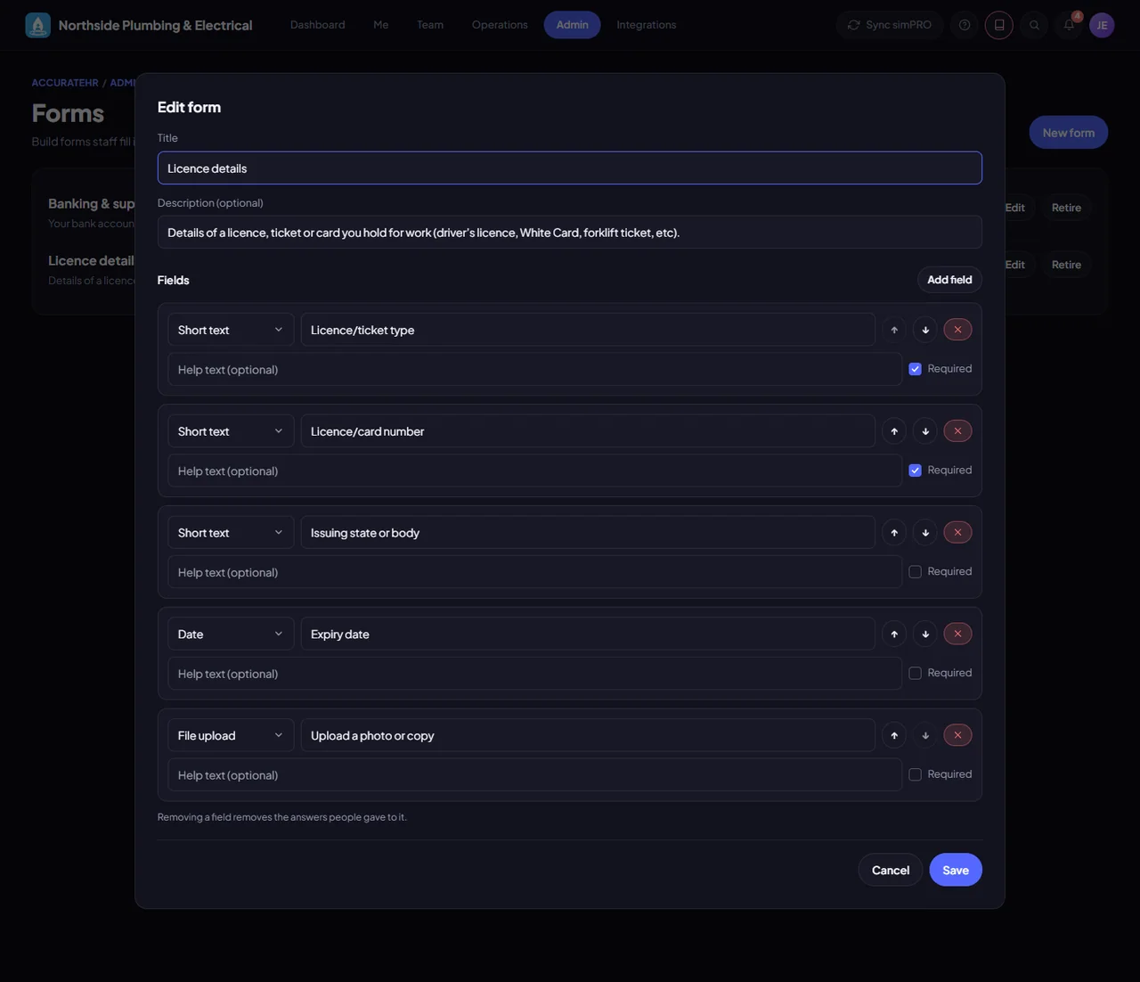 The form builder: a licence details form, with the fields staff fill in, which can be added to onboarding
