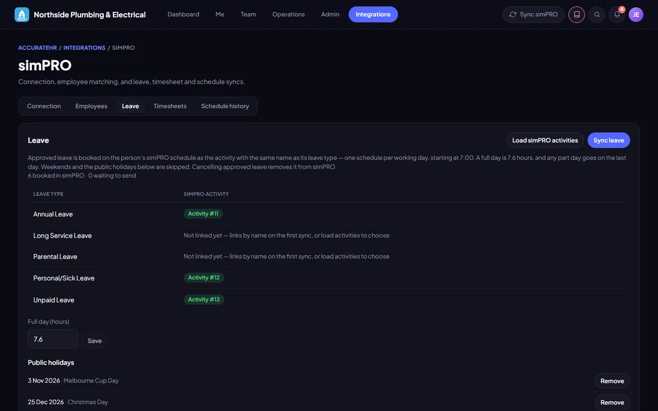 Approved leave booked into simPRO, and how leave types match simPRO activities
