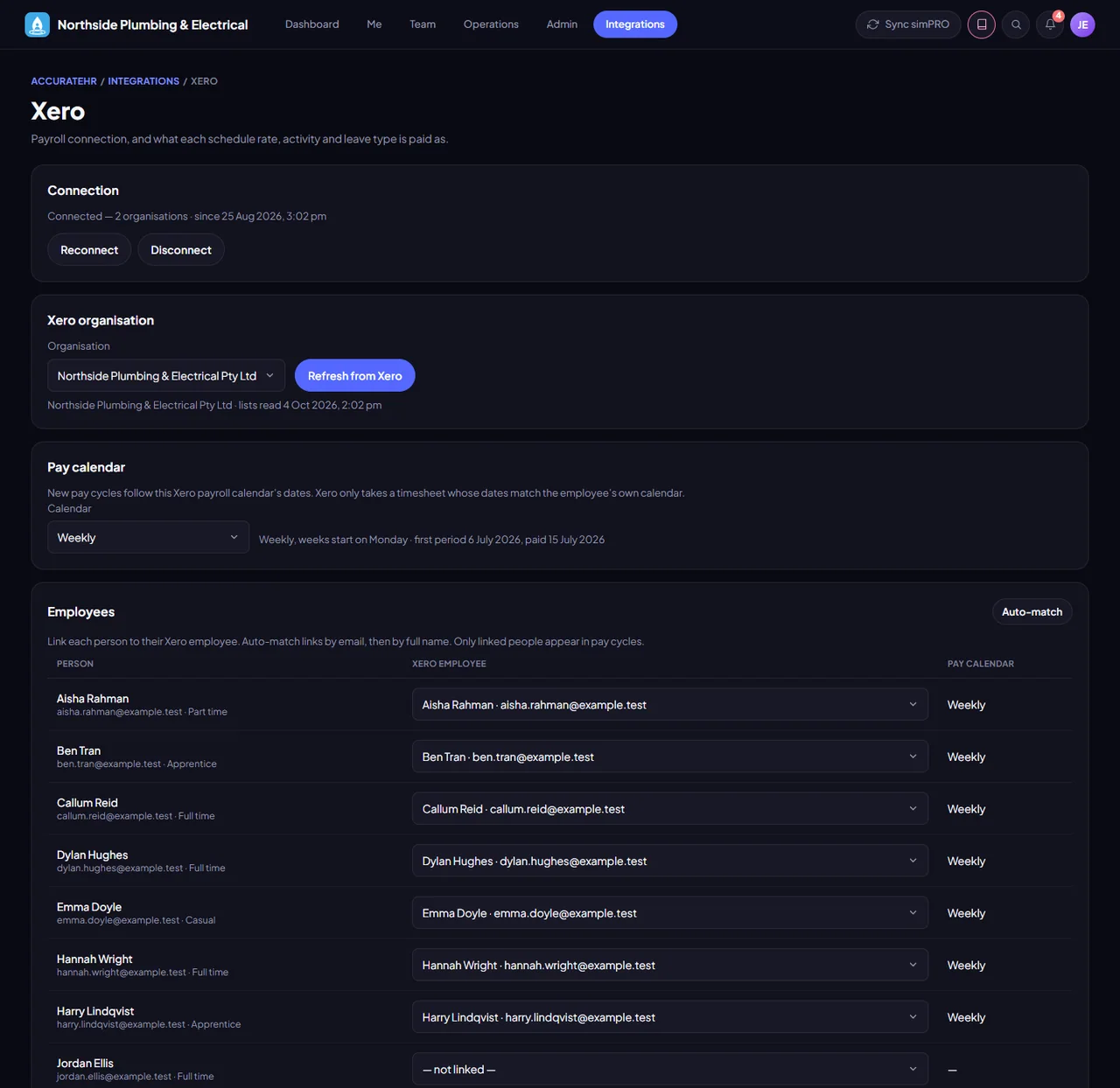 The Xero Payroll connection, with pay calendar and mappings