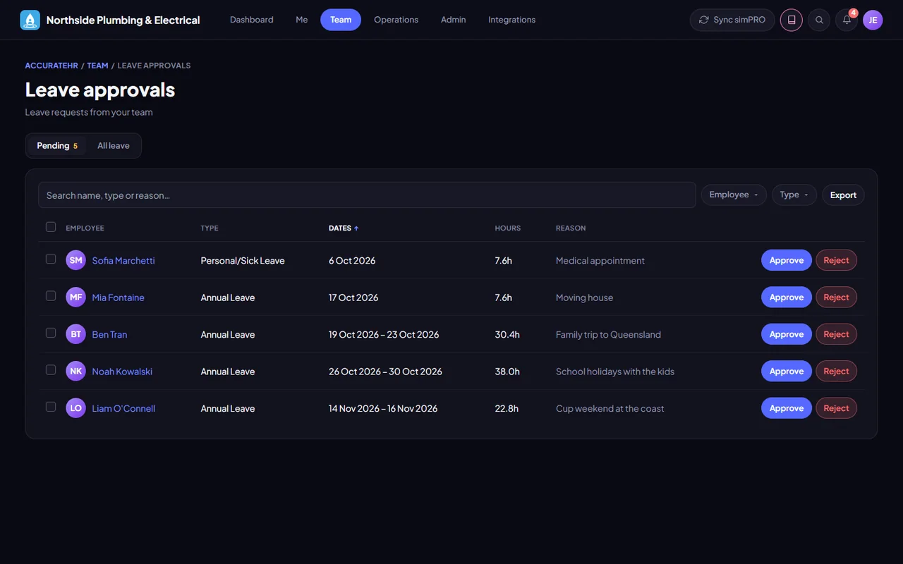 Leave approvals list with pending requests and Approve and Reject buttons