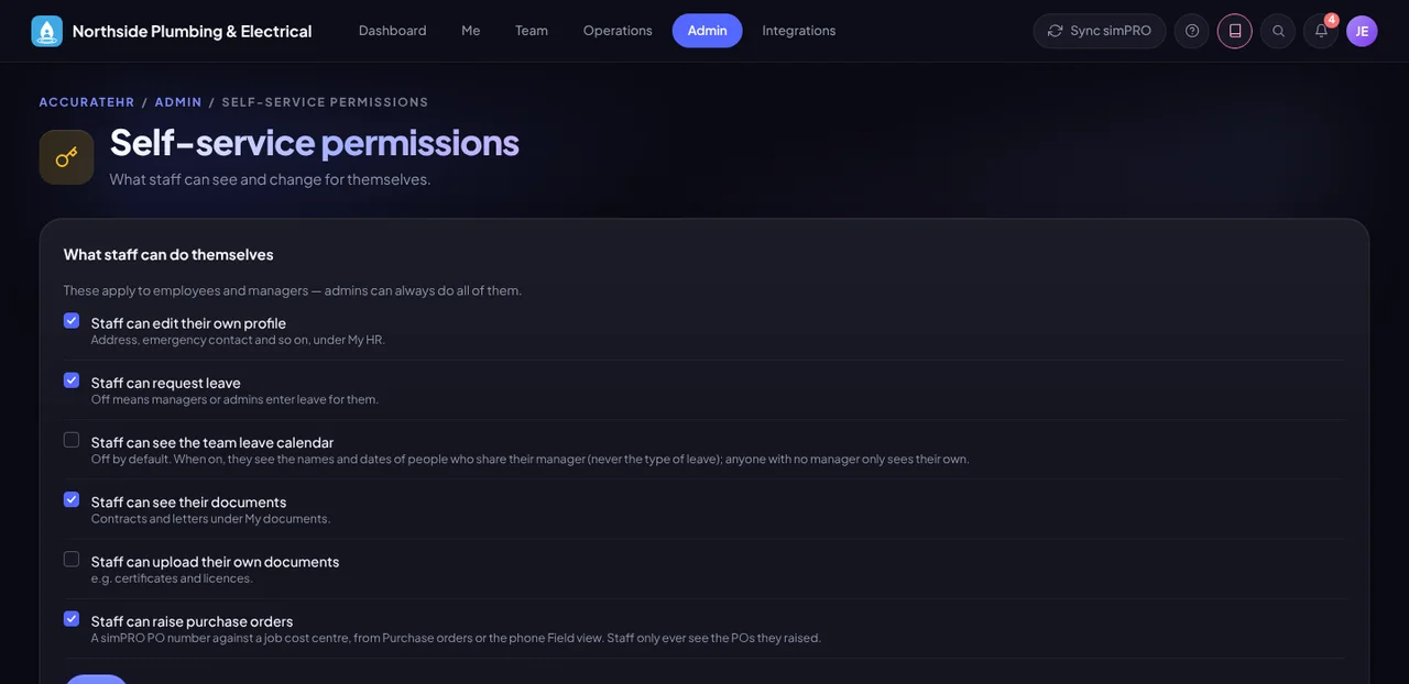 Self-service permissions: what staff can see and change for themselves