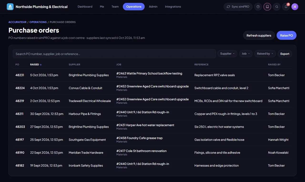 Purchase orders raised in simPRO against a job cost centre, from inside the app