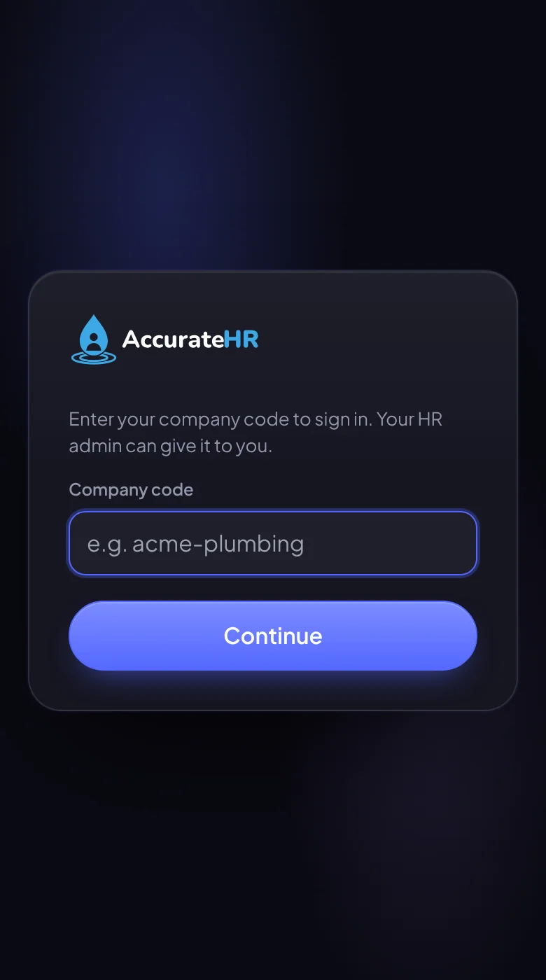 Signing in on a phone: first the company code, then email and PIN
